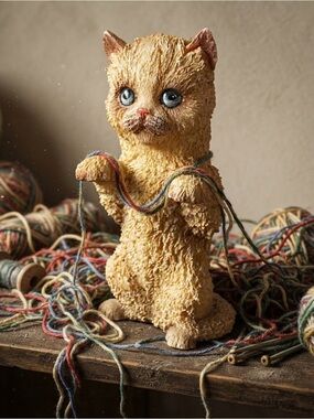 Vintage 1995 A.D.G. playful Yellow Cat Figurine with Blue Eyes-resin